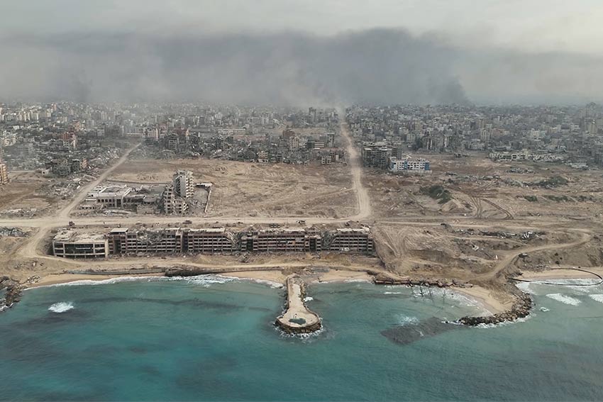 Gaza at war city destroyed by idf attacks, aerial rare view Drone view over North Gaza in the war with Israel.